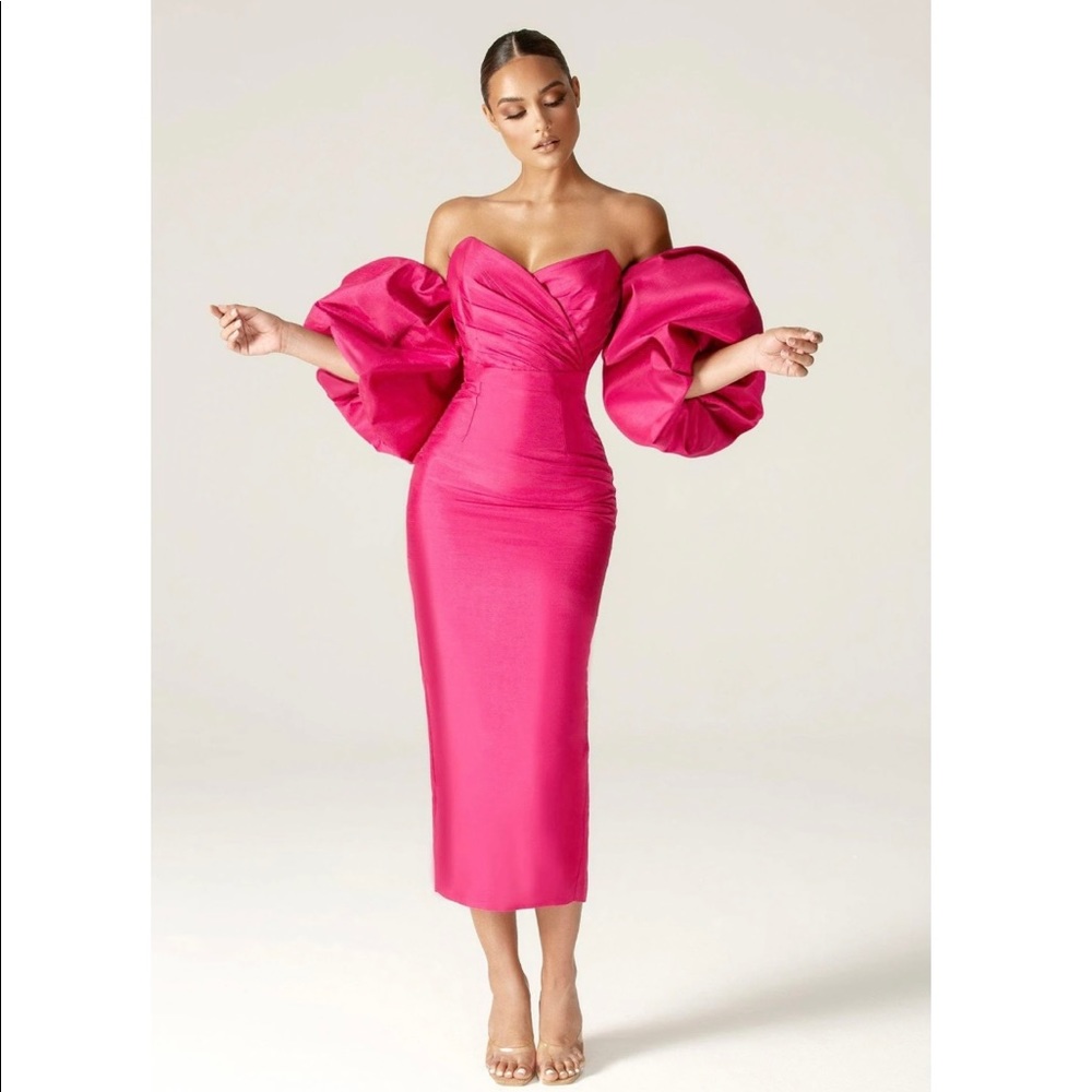 TIFFANY DUPIONI PUFF SLEEVE MAXI DRESS (HOT PINK)